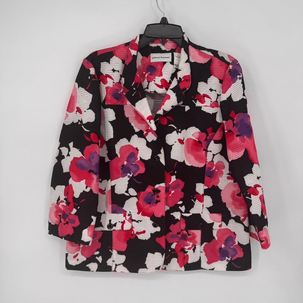 Alfred Dunner Blazer Women 12 Black Pink Floral Excellent 3/4 Sleeve Textured